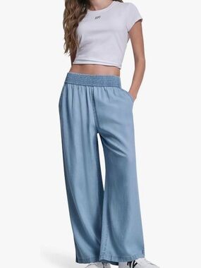 DKNY Light Blue Wide-Leg Smocked-Waist Pants
